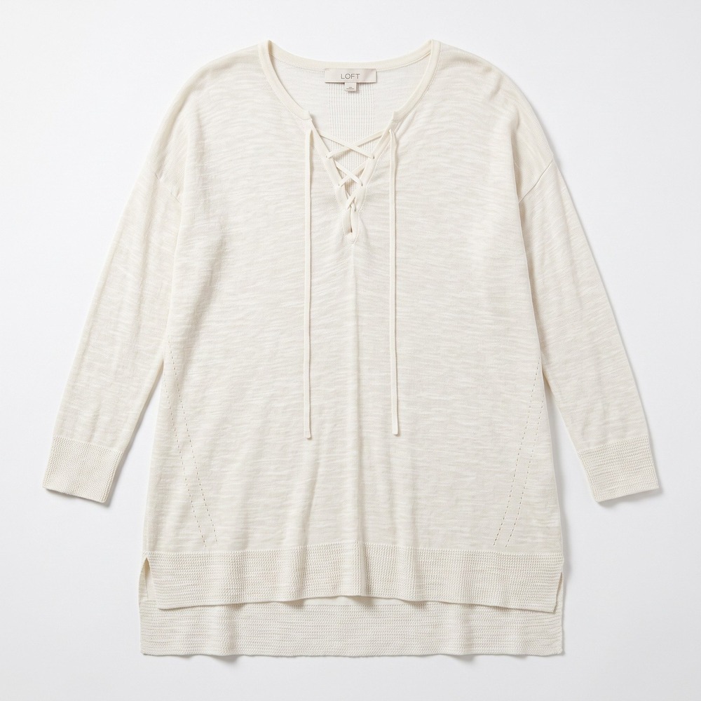 LOFT Womens S Cream Lace-Up Thermal Knit Top Boho Casual